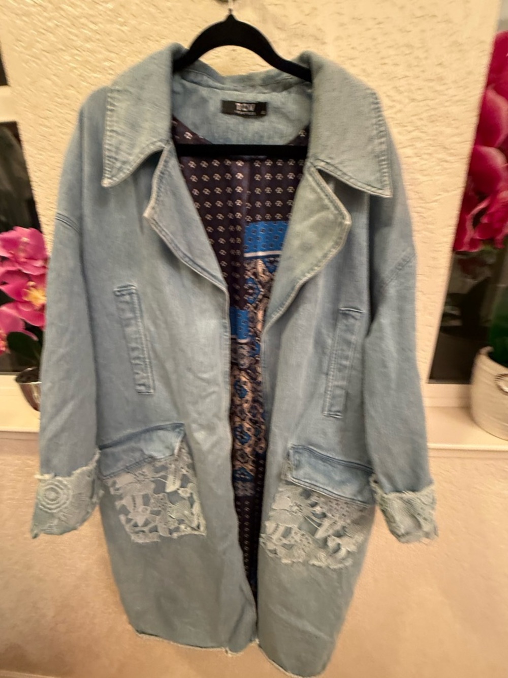 Artisanal Boho Chic Maxi Denim &  Crochet Lace Jacket by TOV Los Angeles Size 6